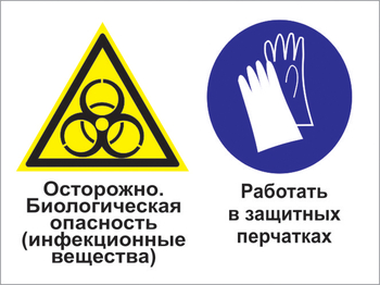 Кз 73осторожно - биологическая опасность (инфекционные вещества). работать в защитных перчатках. (пластик, 600х400 мм) - Знаки безопасности - Комбинированные знаки безопасности - Магазин охраны труда и техники безопасности stroiplakat.ru